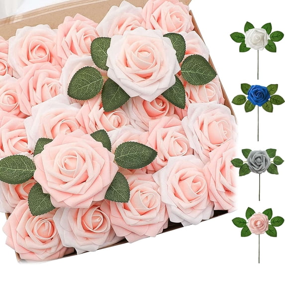 Gustave 50pcs Artificial Roses Flowers Foam Fake Roses with Stems for DIY Wedding Bouquets Centerpieces Floral Arrangements Party Tables Home Decorations (Pink)