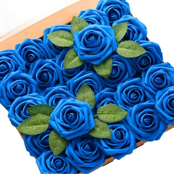 Gustave 50pcs Artificial Roses Flowers Foam Fake Roses with Stems for DIY Wedding Bouquets Centerpieces Floral Arrangements Party Tables Home Decorations (Blue)
