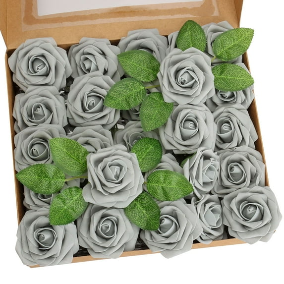 Gustave 50pcs Artificial Roses Flowers Foam Fake Roses with Stems for DIY Wedding Bouquets Centerpieces Floral Arrangements Party Tables Home Decorations (Gray)