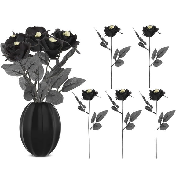 Gustave 5Pcs Halloween Decor Artificial Roses Fake Flowers Bouquet with Skull Faux Black Silk Roses Flowers Bundles for Home Party Wedding Decoration
