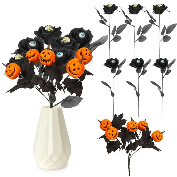 Gustave 7Pcs Halloween Decorations Artificial Flowers with Pumpkin Skull Eyeball, Fake Black Flower Branches Stems for Halloween Indoor Table Centerpieces Vase Arrangement Decor