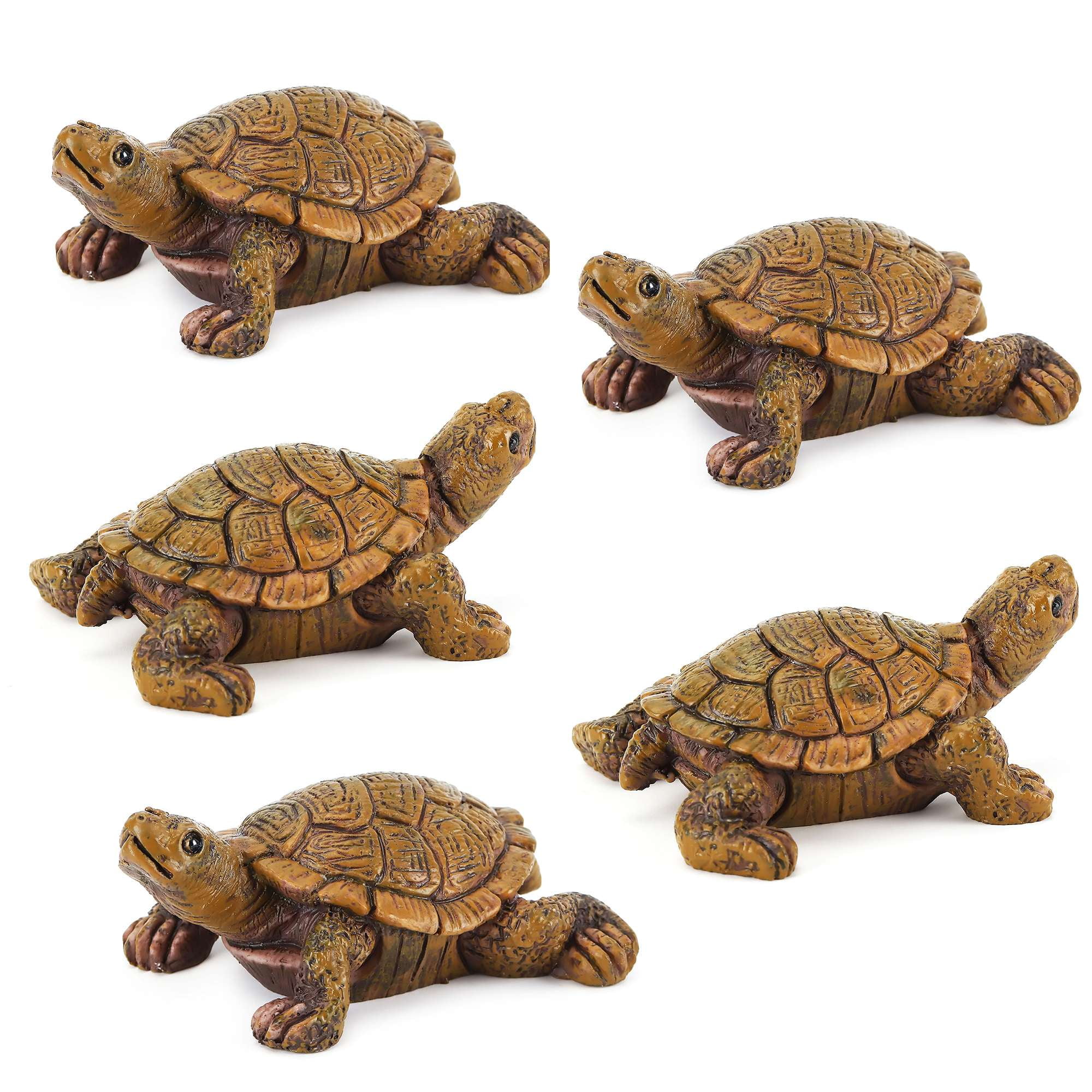 Set of 5 Miniature Brown Resin Tortoise Figurines for Garden Decor