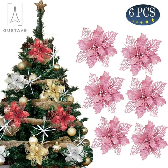 Gustave 6/12 PCS Christmas Glitter Hollow Artificial Flower Xmas Tree Ornaments 6.3inches Simulation Flower Festival Party Wedding Decor "Pink, 6pcs"