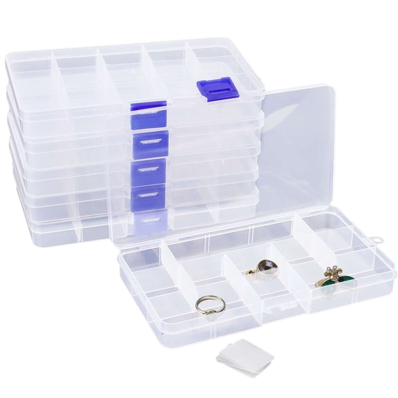 Gustave 6 Pack 15 Grids Clear Plastic Organizer Box with Adjustable Dividers, Multi-Purpose Small Storage Containers for Jewelry, Beads, Earrings, Art Craft and Fishing Tackle
