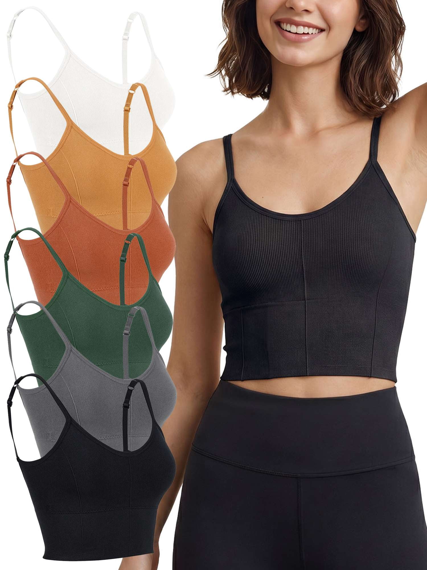 Gustave 6 Pack Women Cami Bras Seamless Padded Yoga Bralettes Wirefree Workout Sports Bra Comfort Camisole Spaghetti Strap Crop Tops "Black/Gray/Green/Orange/Yellow/White"