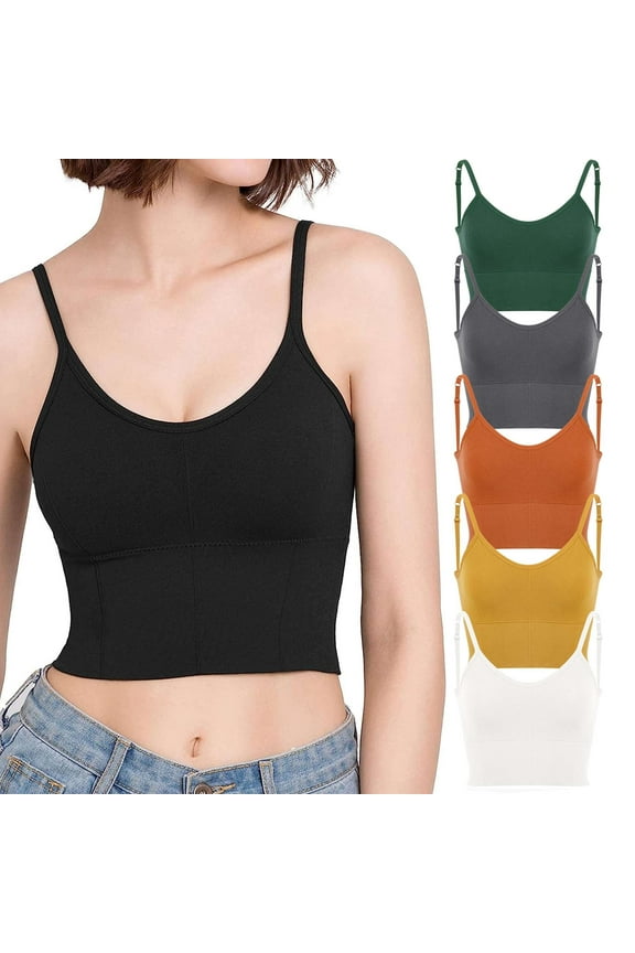 6 Pack Women Cami Bras Seamless Padded Yoga Bralettes Wirefree Workout Sports Bra Comfort Camisole Spaghetti Strap Crop Tops "Black/Gray/Green/Orange/Yellow/White"