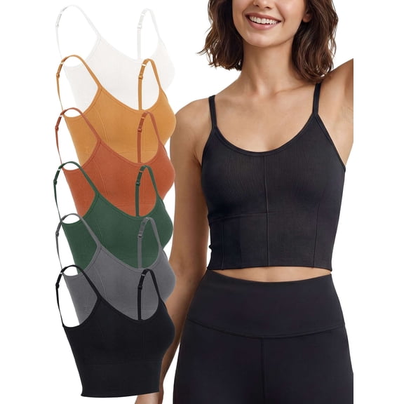 Gustave 6 Pack Women Cami Bras Seamless Padded Yoga Bralettes Wirefree Workout Sports Bra Comfort Camisole Spaghetti Strap Crop Tops "Black/Gray/Green/Orange/Yellow/White"