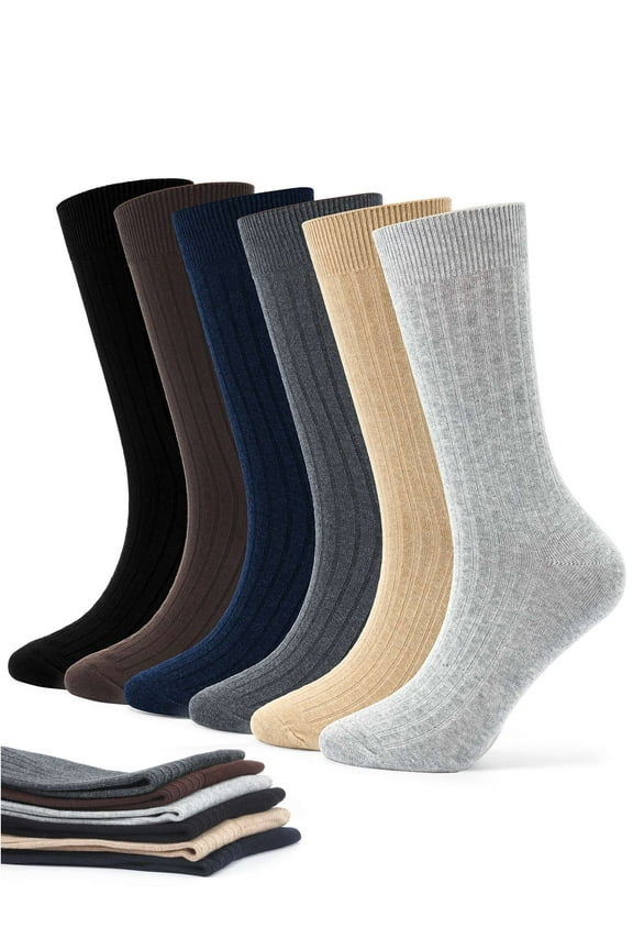 6 Pairs Men Dress Crew Socks Comfort Cotton Business Casual Socks Unisex Solid Breathable Workout Sport Athletic Socks "Black/Gray/Coffee/Navy/Khaki/Dark Gray, Size 7-9"