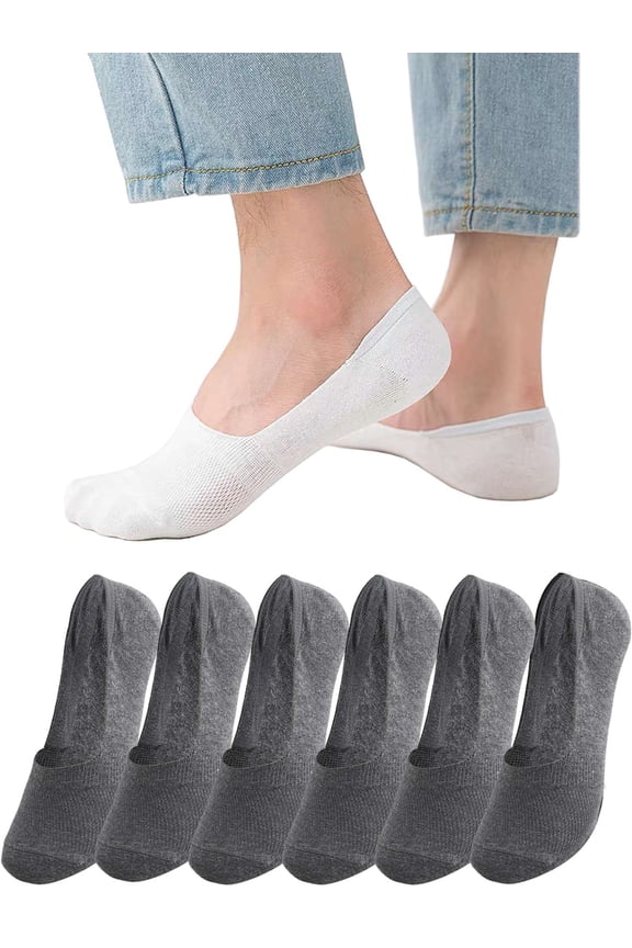 6 Pairs Men's No Show Socks Invisible Low Cut Ankle Socks Non Slip Athletic Casual Short Socks Cotton Boat Shoes Loafer Sneakers Liners "Gray"