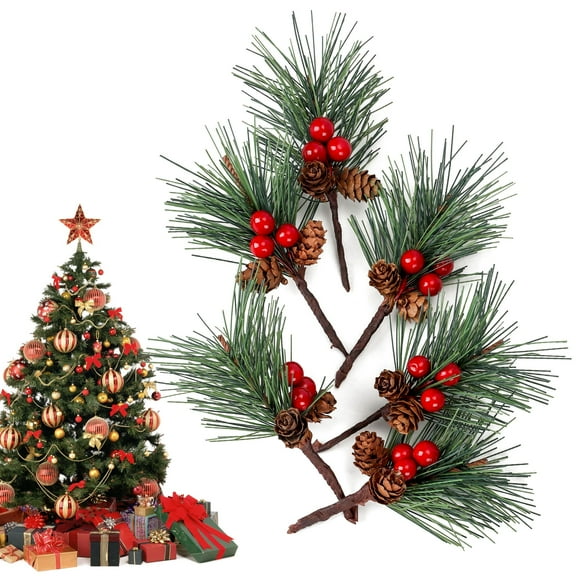 Gustave 6PCS Christmas Artificial Mini Pine Picks Fake Pine Needles Branches Red Berry Stems Xmas Tree Flower Wreath Ornaments Holiday Party Decor DIY Crafts