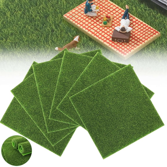Gustave 6Pcs Artificial Garden Craft Grass Miniature Fairy Garden Fake Grass Mats Turf Lawn for Dollhouse Ornament DIY Crafts Decoration, Green, 6 x 6 Inch