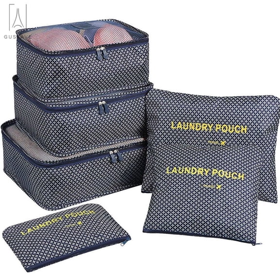 Gustave 6Pcs Packing Travel Organizer Cubes Set Waterproof Clothes Storage Bags Multi-functional Luggage Organizer Pouch Toiletry Bag (Navy#)
