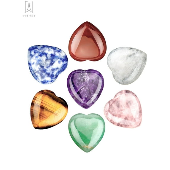 Gustave 7 Chakra Heart Shaped Stones Set Crystal Therapy Chakra Heart 7 Balancing Reiki Healing Meditation Massage Energy Yoga and Decoration