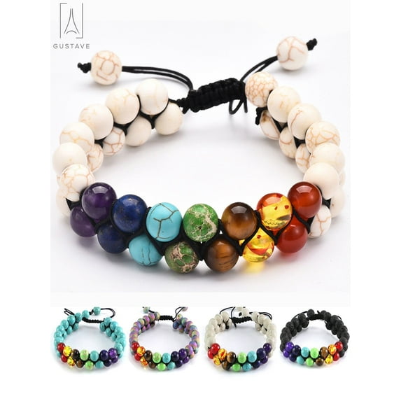 Gustave 7 Chakras Healing Crystals Bracelet, Natural Lava Stone Diffuser Bracelet Meditation Beads for Stress Relief "Blue, White"