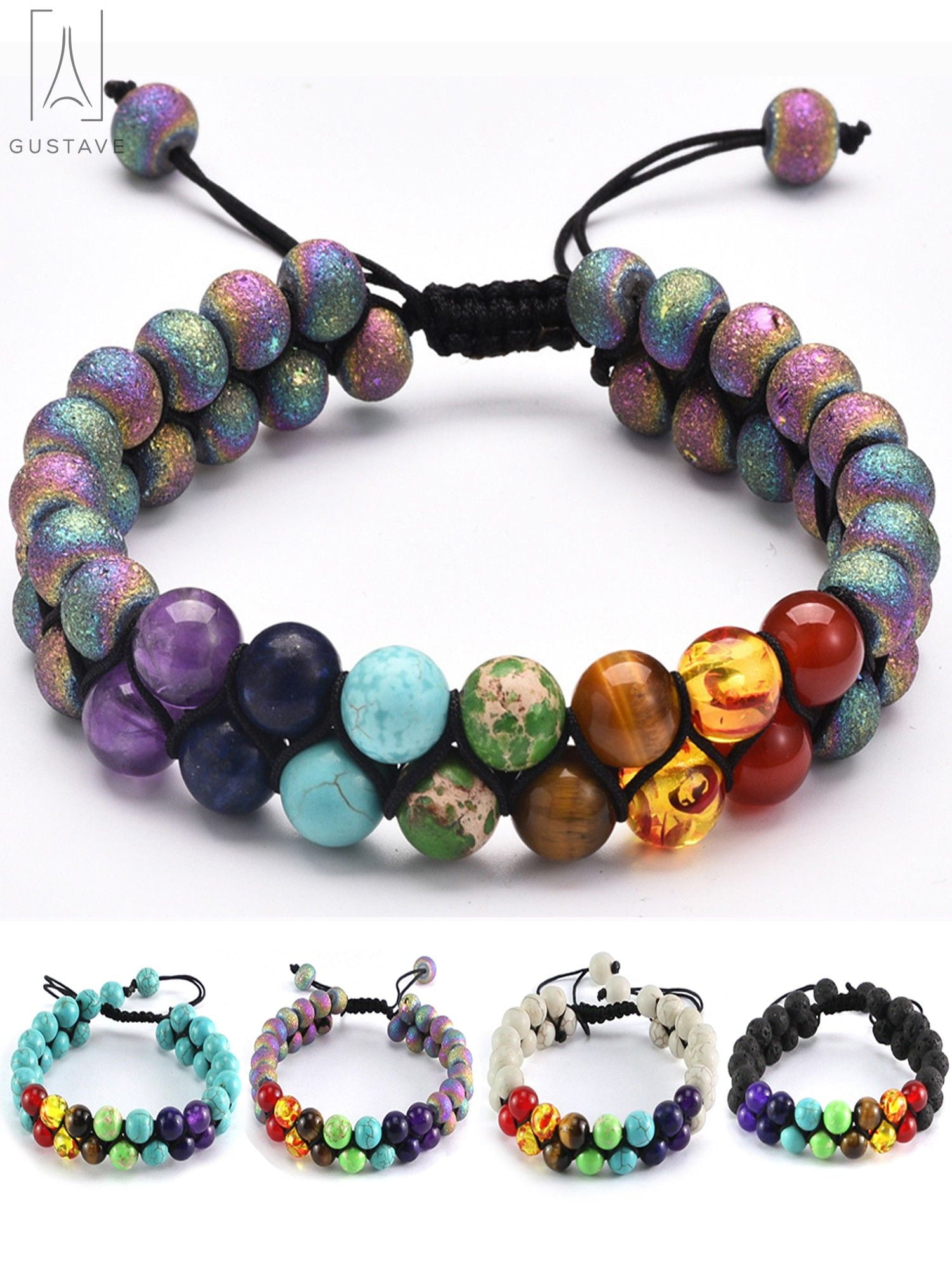 7 Chakra Healing Bracelet - Natural Gemstone Beads (Amethyst, Quartz, Etc.), Adjustable 6-7.5 Inch, Yoga Meditation