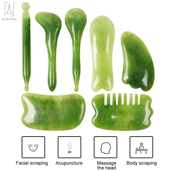 Gustave 7PCS Gua Sha Board Natural Resin Quartz Stone Shape Facial Body Back and Neck Scraping Massage Tool Kits Set Reduce Muscle Pain (Green)