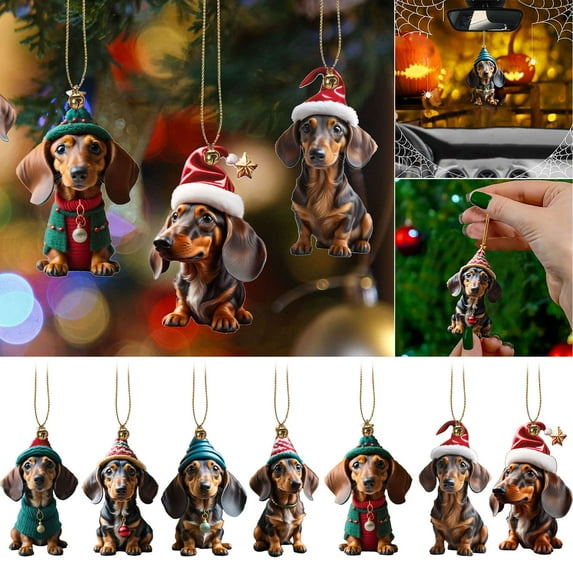 Gustave 7Pcs Dachshund Dog Christmas Tree Ornaments Pendants Cute Santa Hats Dogs Hanging Decorations for Party Home Car, Xmas Gifts