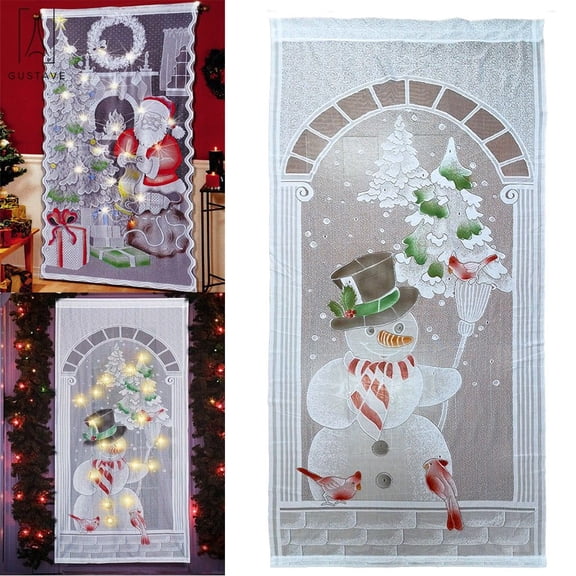 Gustave 84"x40" Christmas Lace Window Curtains with LED Lights Door Curtain+2 AA Battery For Home Bedroom Xmas Party Supplies Decor Curtain "Snowman"