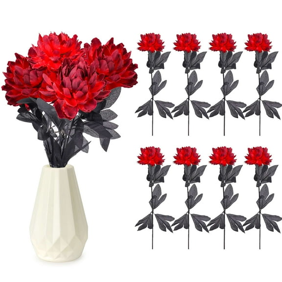 Gustave 8Pcs Artificial Dahlia Flowers Fake Silk Dahlia Flower Bouquet Floral Arrangements with Long Stem for Halloween Fall Festival Home Table Centerpieces Party Decorations, Red
