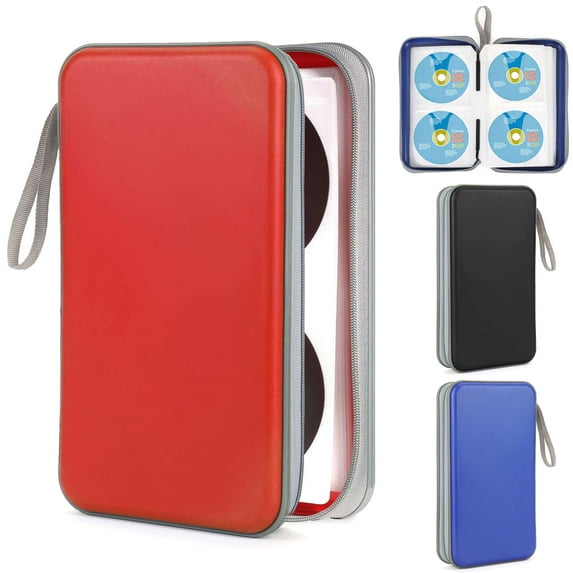 Gustave 96 Capacity CD Case DVD Case Holder Hard Plastic Zipper Protective Case Portable CD DVD Disc Storage Organizer Wallet Bag for Car Home Office Travel, Red