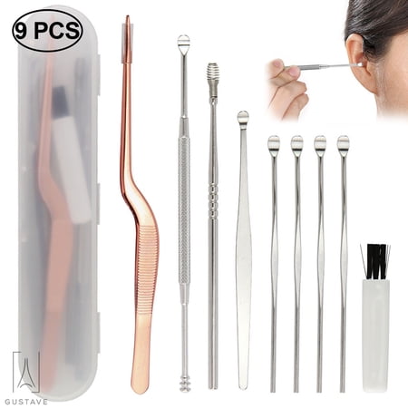Gustave 9pcs Ear Pick Cleaning Set Health Care Tool, Professional Stainless Steel Ear Wax Remover Cleaner Curette Kit