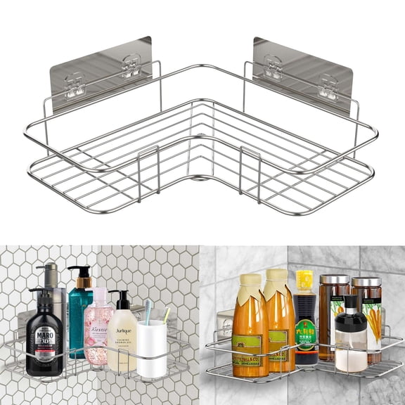 Gustave Adhesive Corner Shower Caddy Basket Bathroom Organizer Shelf with Hooks, Rustproof Stainless Steel No Drilling Wall Mounted Storage Rack for Bathroom, Kitchen, Toilet