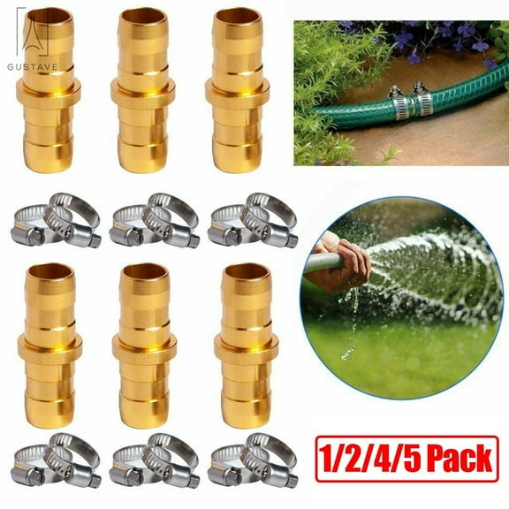 Gustave Aluminum Garden Water Hose Repair Mender Kit 3/4" 5/8" Male Female Connector with 2 Stainless Steel Clamps, Brass Color (Pack of 2)