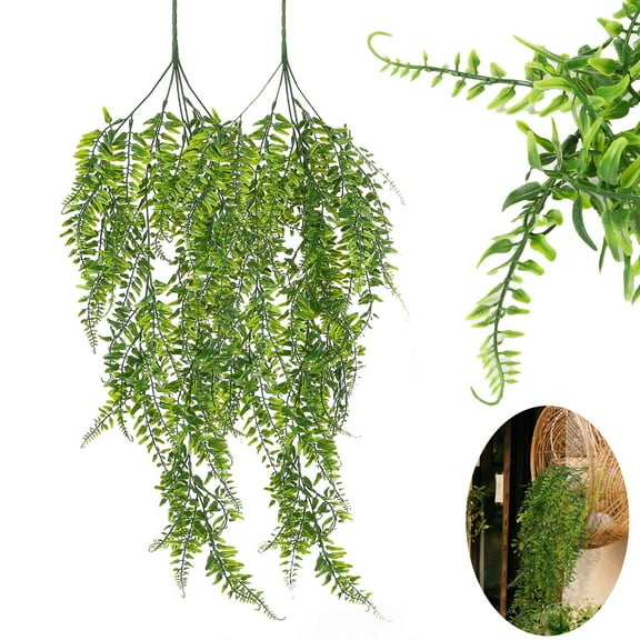 Gustave Artificial Boston Fern Hanging Plants Fake Greenery Vines UV Resistant Plastic Faux Ivy Vines for Outdoor Garden Wall Wedding Party Decor - 2Pcs