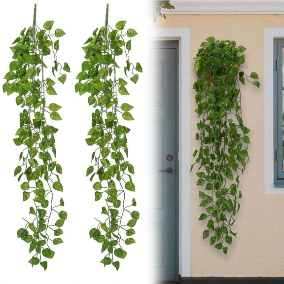 Gustave Artificial Hanging Plants Fake Ivy Vines Pothos Leaves Vine UV Resistant Greenery for Indoor Outdoor Garden Wall Wedding Party Garland Decor - 2Pcs