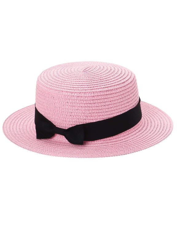 Boater Straw Hat for Women Wide Brim Beach Sun Hat Bow Panama Hat Fedora for Summer - Pink