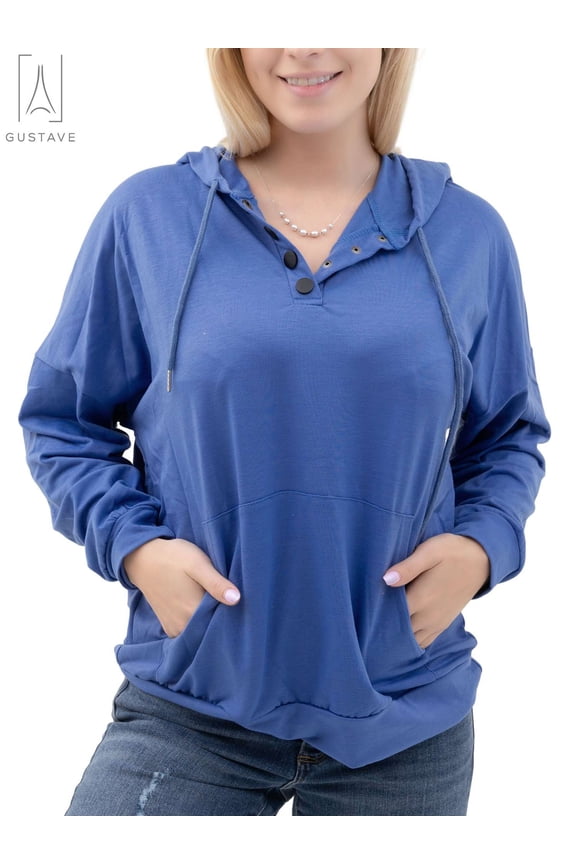 Button Down Hoodies Sweatshirts for Women Casual Drawstring Long Sleeve Pullover Winter Fall Loose Solid Hooded Tops Shirts with Pocket "Blue, XL"