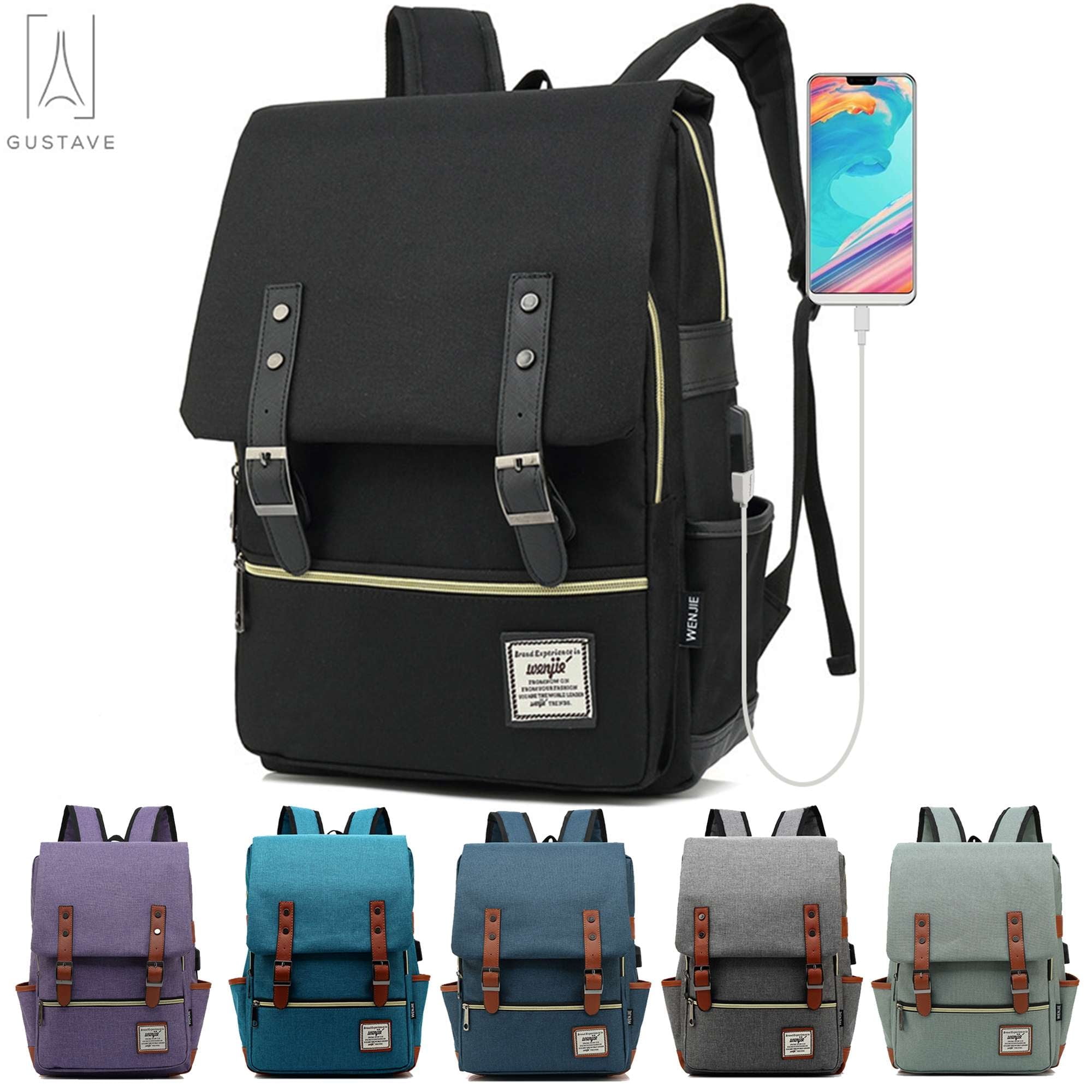 Gustave Canvas Anti-Theft Laptop Backpack for Men Women Large Capacity Casual Travel Backpack Daypack Computer Bag with USB Charging Port "Black"