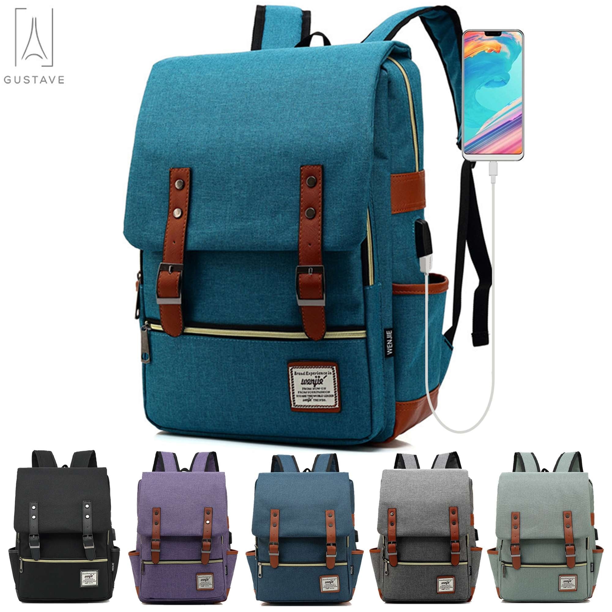 Gustave Canvas Anti-Theft Laptop Backpack for Men Women Large Capacity Casual Travel Backpack Daypack Computer Bag with USB Charging Port "Blue"