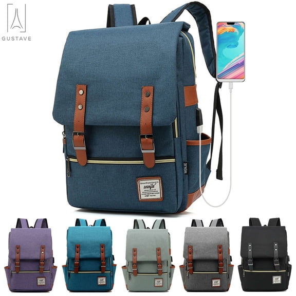 Gustave Canvas Anti-Theft Laptop Backpack for Men Women Large Capacity Casual Travel Backpack Daypack Computer Bag with USB Charging Port "Dark Blue"