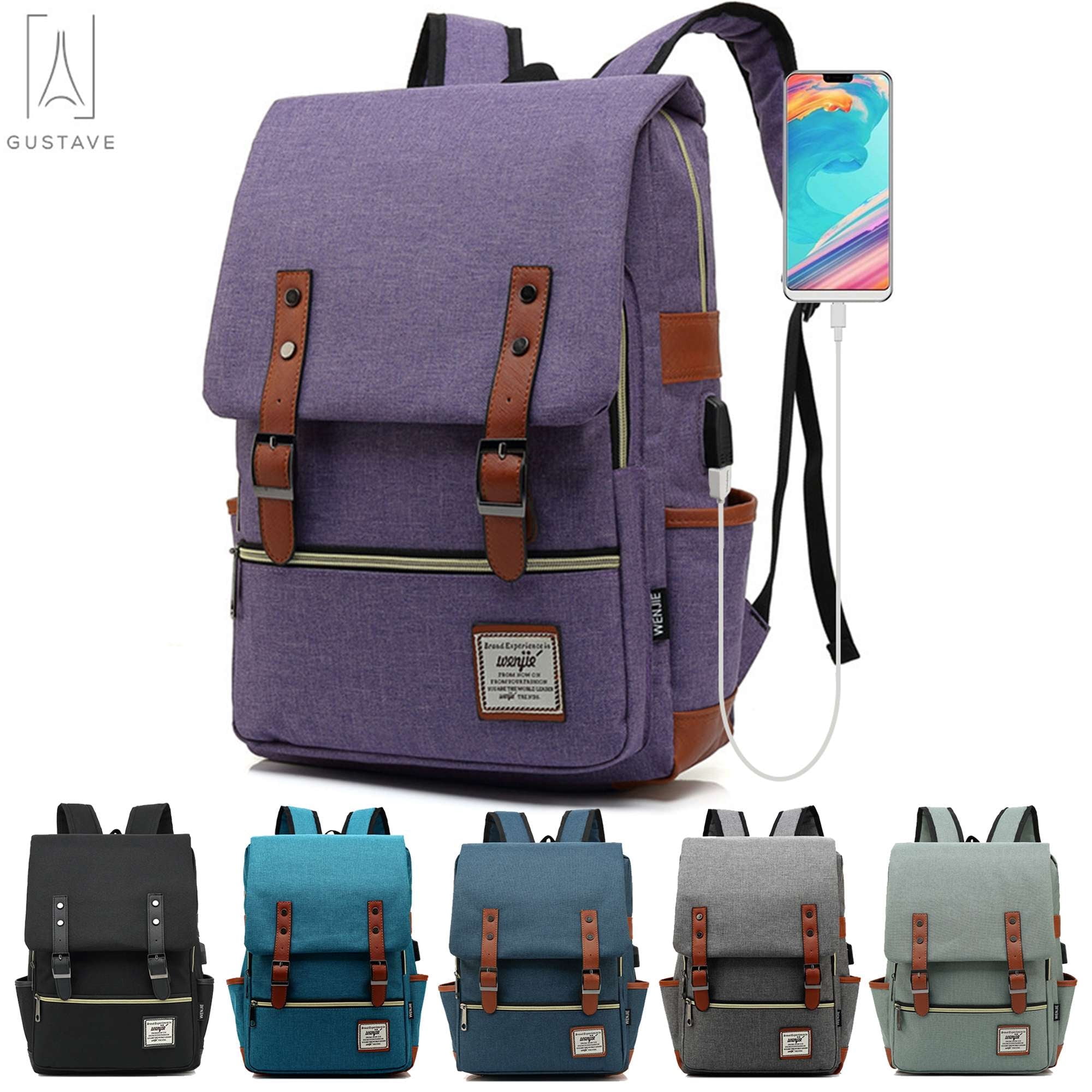 Gustave Canvas Anti-Theft Laptop Backpack for Men Women Large Capacity Casual Travel Backpack Daypack Computer Bag with USB Charging Port "Purple"