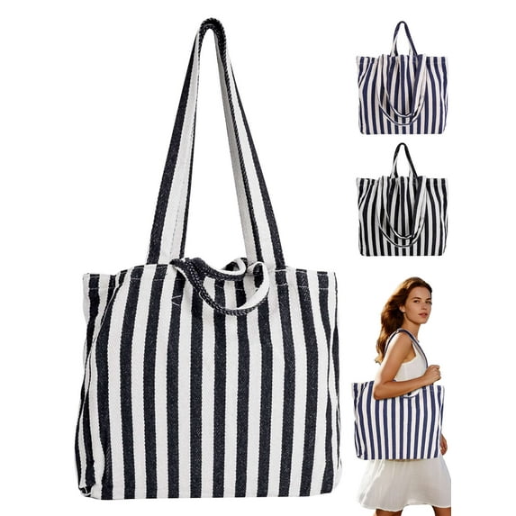 Gustave Canvas Tote Bag for Women Casual Striped Shoulder Bag Large Capacity Beach Bags Tote Hobo Handbag Purse for Travel Shopping - Black