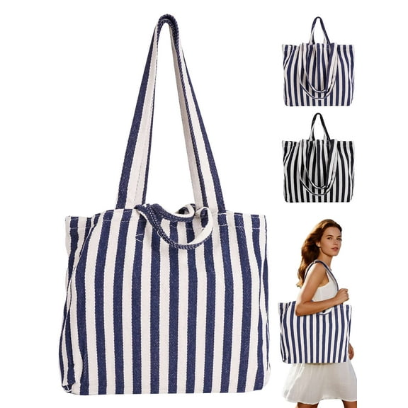 Gustave Canvas Tote Bag for Women Casual Striped Shoulder Bag Large Capacity Beach Bags Tote Hobo Handbag Purse for Travel Shopping - Blue