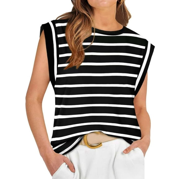 Gustave Cap Sleeve Striped Tops for Women Summer Casual Shirts Crew Neck Trendy Basic T-Shirt Tank Blouse Loose Fit "Black, M"