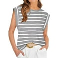 thumbnail image 1 of Gustave Cap Sleeve Striped Tops for Women Summer Casual Shirts Crew Neck Trendy Basic T-Shirt Tank Blouse Loose Fit "Gray, M", 1 of 6