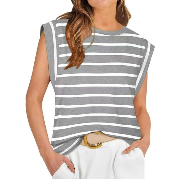 Gustave Cap Sleeve Striped Tops for Women Summer Casual Shirts Crew Neck Trendy Basic T-Shirt Tank Blouse Loose Fit "Gray, M"
