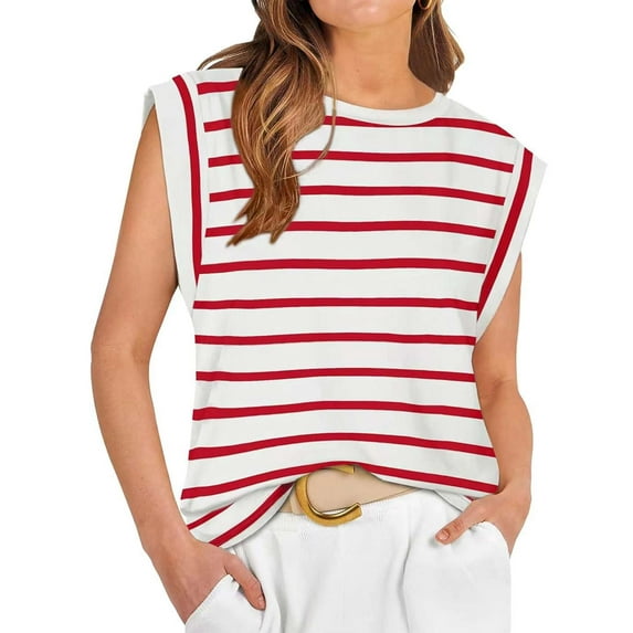 Gustave Cap Sleeve Striped Tops for Women Summer Casual Shirts Crew Neck Trendy Basic T-Shirt Tank Blouse Loose Fit "Red, XL"