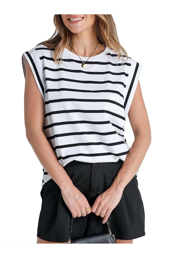 Cap Sleeve Striped Tops for Women Summer Casual Shirts Crew Neck Trendy Basic T-Shirt Tank Blouse Loose Fit "White, S"