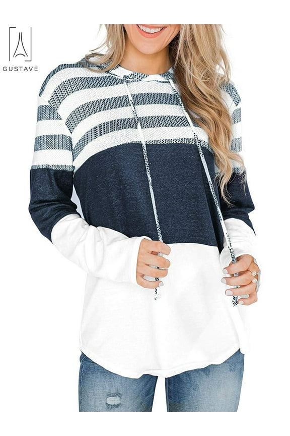 Casual Color Block Hoodies Sweaters for Women Long Sleeve Drawstring Stripe Pullover Hooded Sweatshirts Loose Fall Winter Tops "White, M"