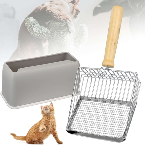 Gustave Cat Litter Scoop with Holder Caddy, Heavy Duty Metal Pet Kitty Poop Scooper Fast Sifting Non-Stick Deep Shovel for Litter Box