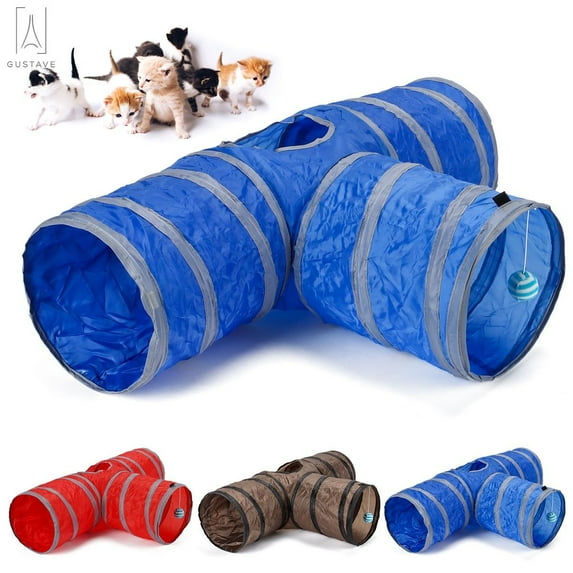 Gustave Cat Tunnel Cat Tube Toys 3 Way Collapsible, Cat Tunnels for Indoor Cats, Pet Cat Peek Hole Toy Ball for Puppy, Kitty, Kitten, Rabbit (Brown)