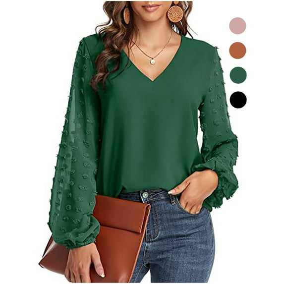 Gustave Chiffon Lantern Long Sleeve Blouse for Women V Neck Swiss Dot Tops Loose Casual Fashion Tee Shirts Tunic, Green, L