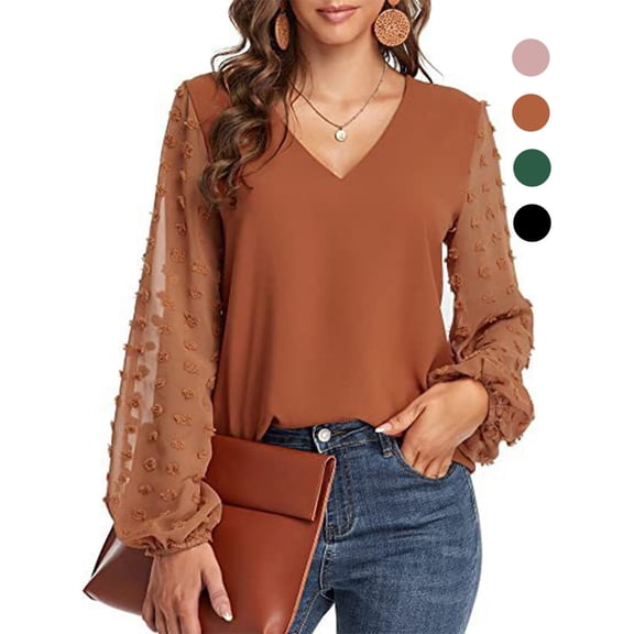 Gustave Chiffon Lantern Long Sleeve Blouse for Women V Neck Swiss Dot Tops Loose Casual Fashion Tee Shirts Tunic, Orange, L