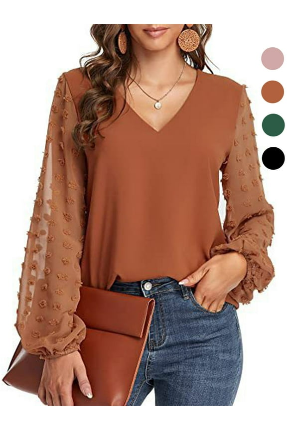 Chiffon Lantern Long Sleeve Blouse for Women V Neck Swiss Dot Tops Loose Casual Fashion Tee Shirts Tunic, Orange, S
