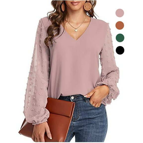 Gustave Chiffon Lantern Long Sleeve Blouse for Women V Neck Swiss Dot Tops Loose Casual Fashion Tee Shirts Tunic, Pink, M