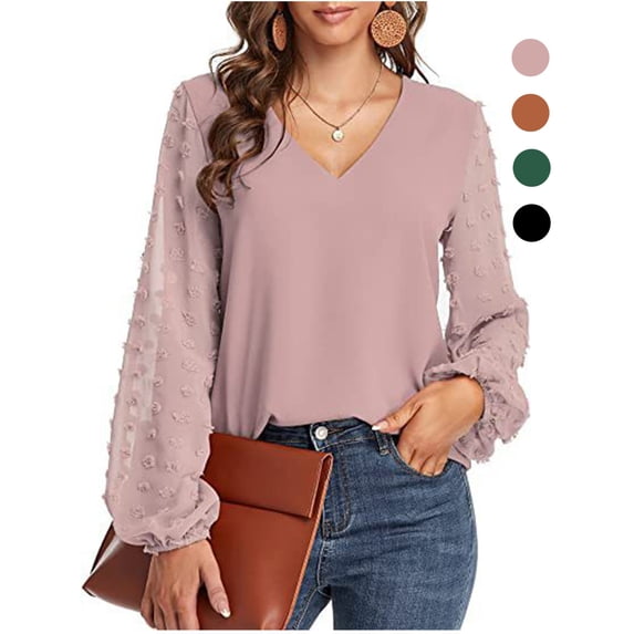 Gustave Chiffon Lantern Long Sleeve Blouse for Women V Neck Swiss Dot Tops Loose Casual Fashion Tee Shirts Tunic, Pink, S